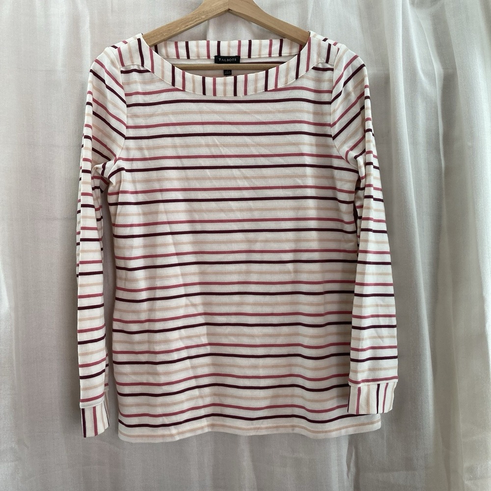 NWT‎ Talbots Shirt Womens Size XS White Red Striped Long Sleeve Bateau Cotton